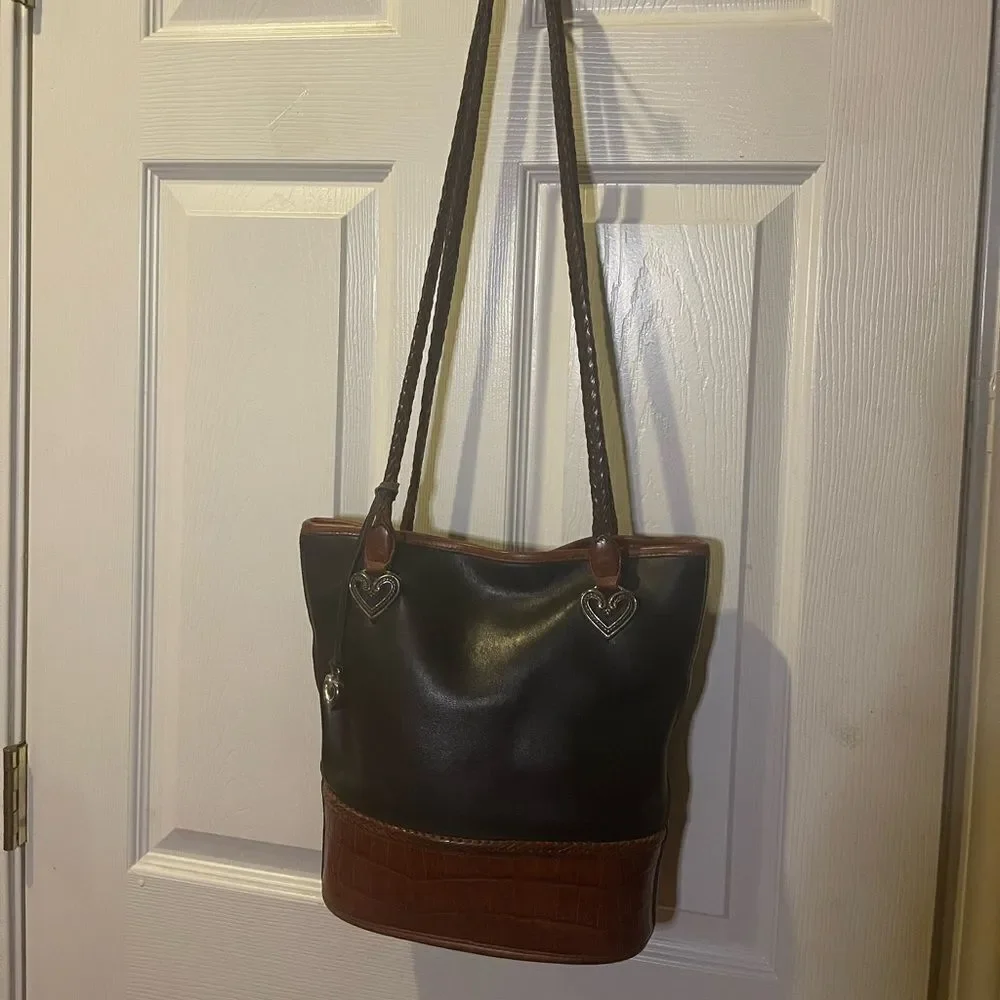 Brighton leather Black and Brown crocs print bucket style shoulder bag .